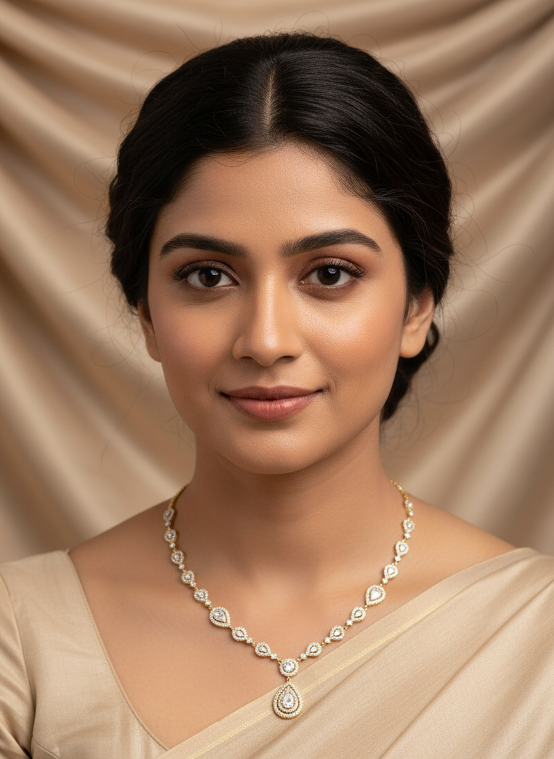 Woman wearing a necklace against a beige background