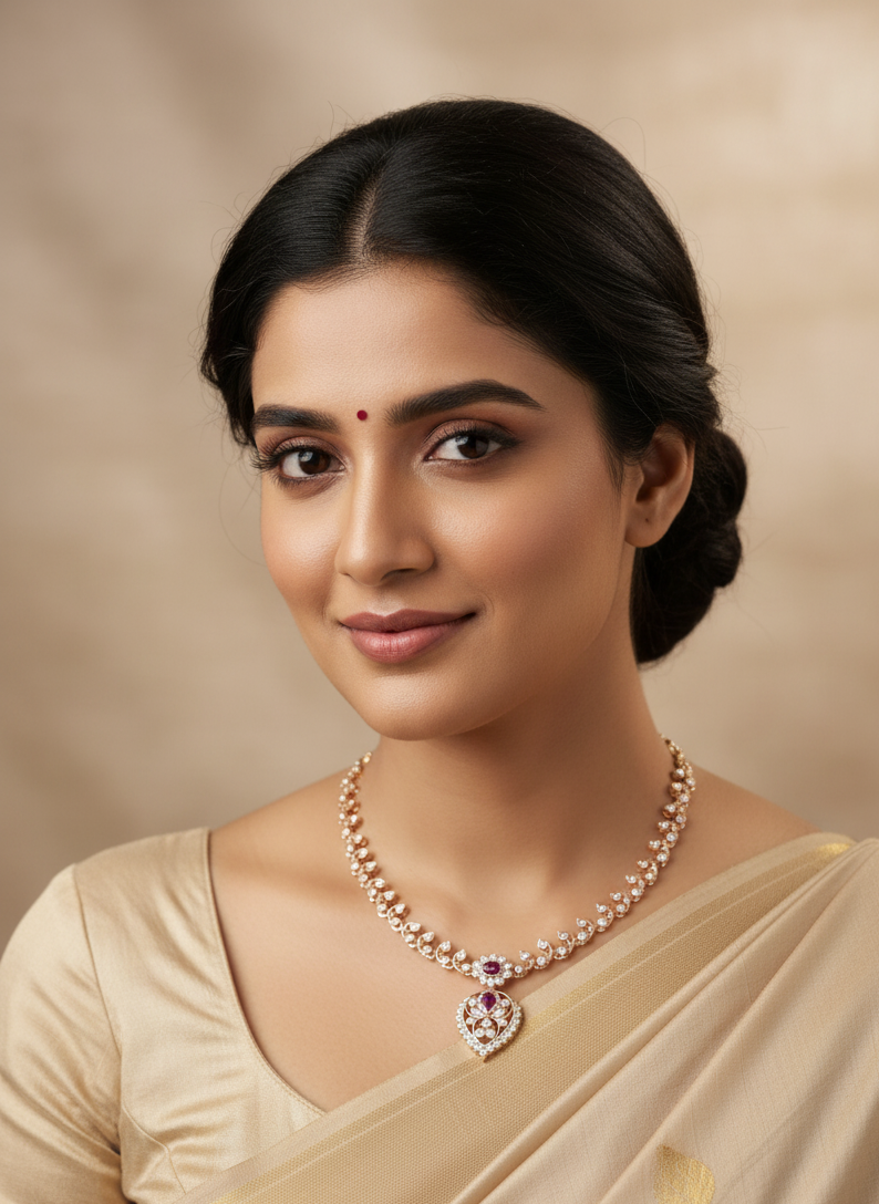 Woman wearing a beige saree with a necklace against a beige background