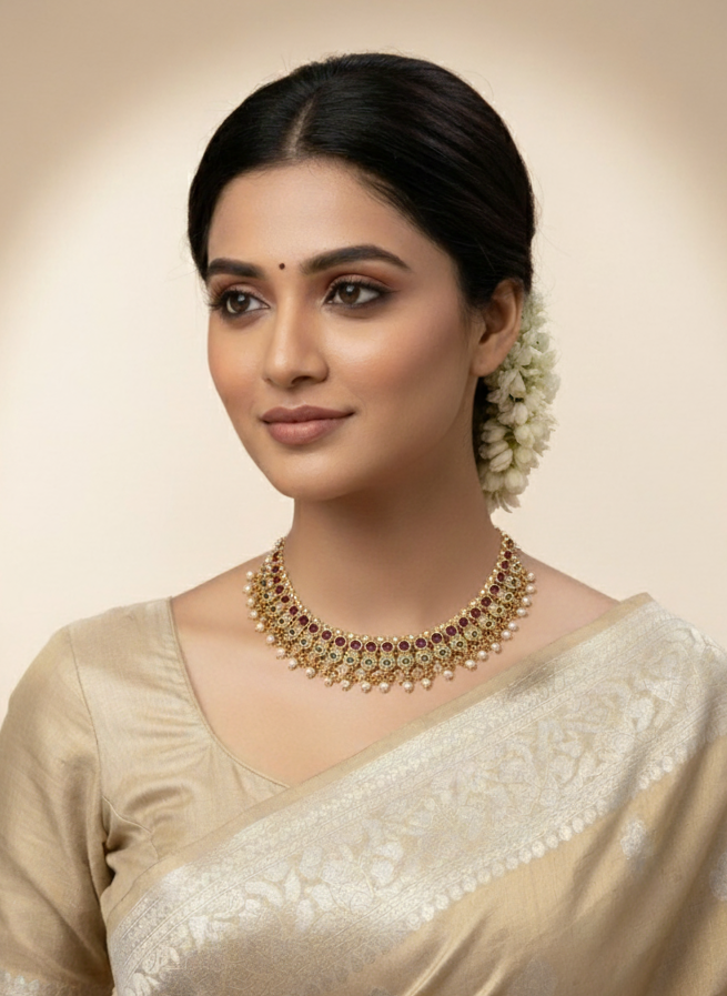 Woman wearing a beige saree with gold jewelry on a beige background