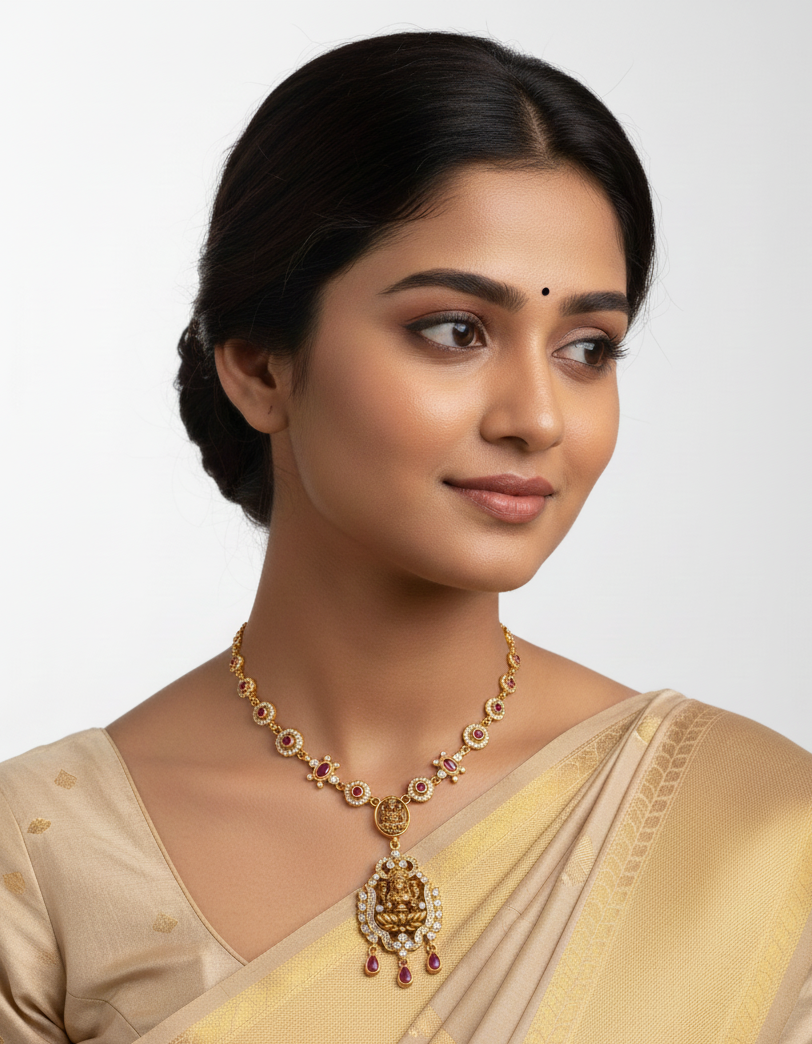 Woman wearing a gold necklace and saree on a white background
