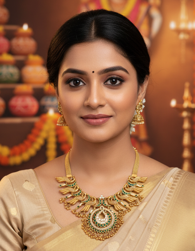 Woman wearing gold jewelry with a traditional setting in the background
