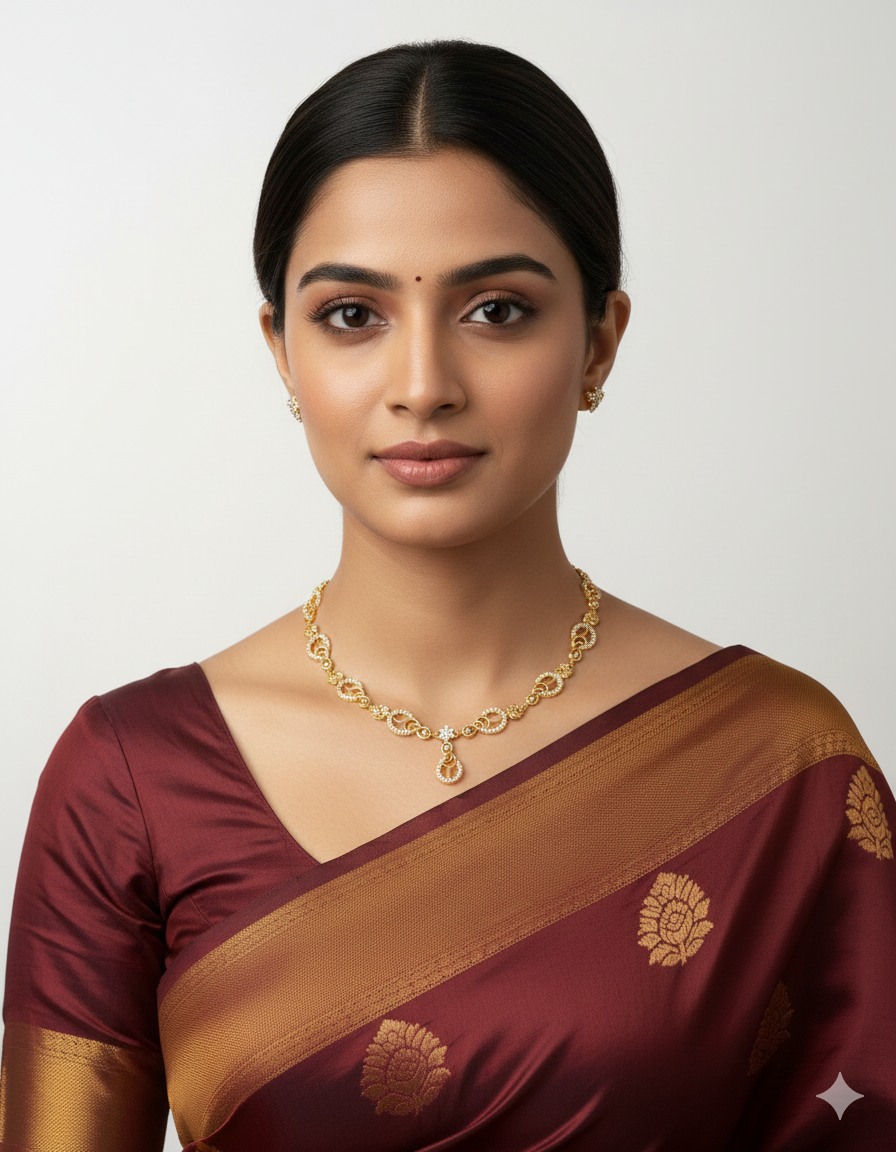 Woman wearing a maroon and gold saree with a gold necklace on a white background