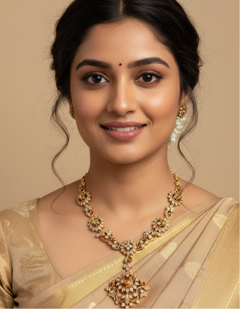 Woman wearing a gold necklace and saree against a beige background