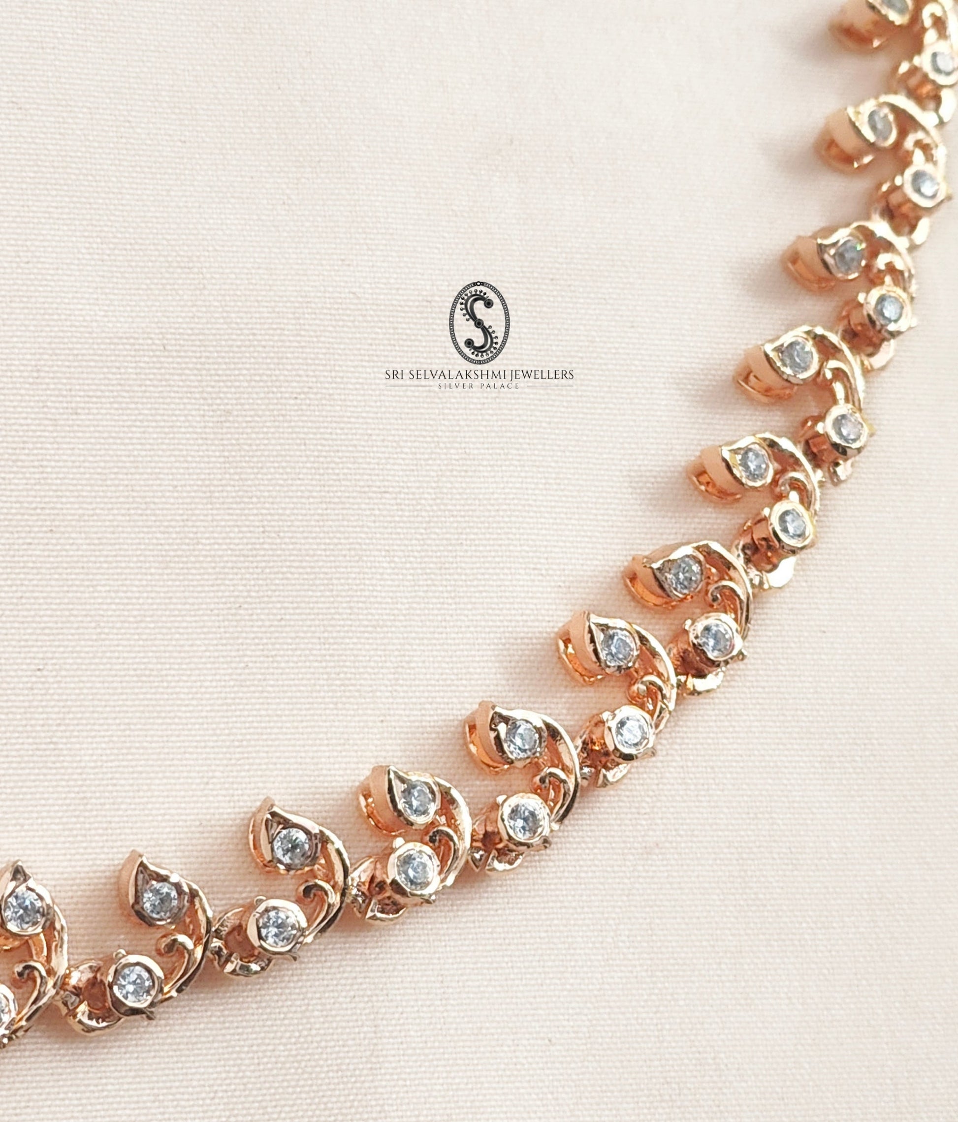 rose gold coated diamond inspired silver necklace