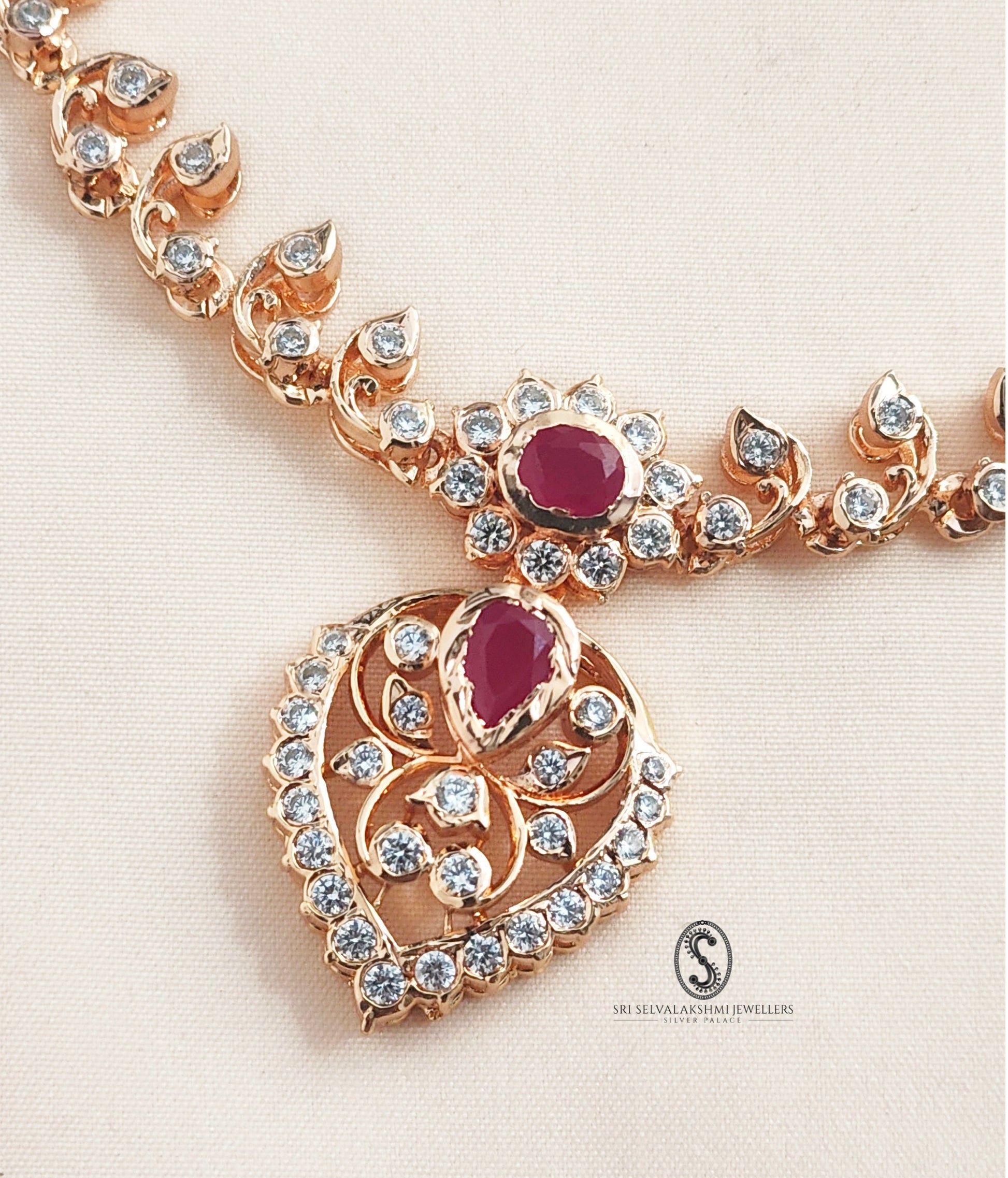 rose gold coated diamond inspired silver necklace